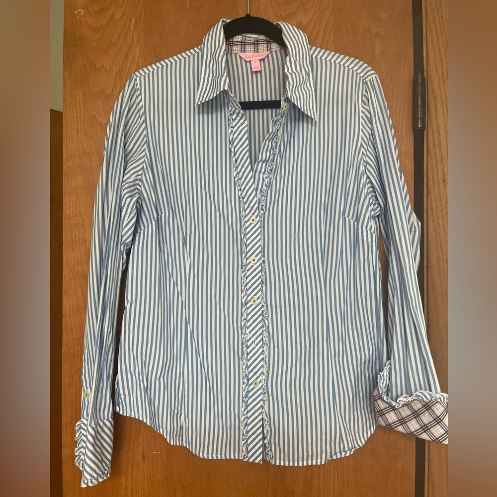VGUC Lilly Pulitzer blue striped ruffle trim  blouse 14